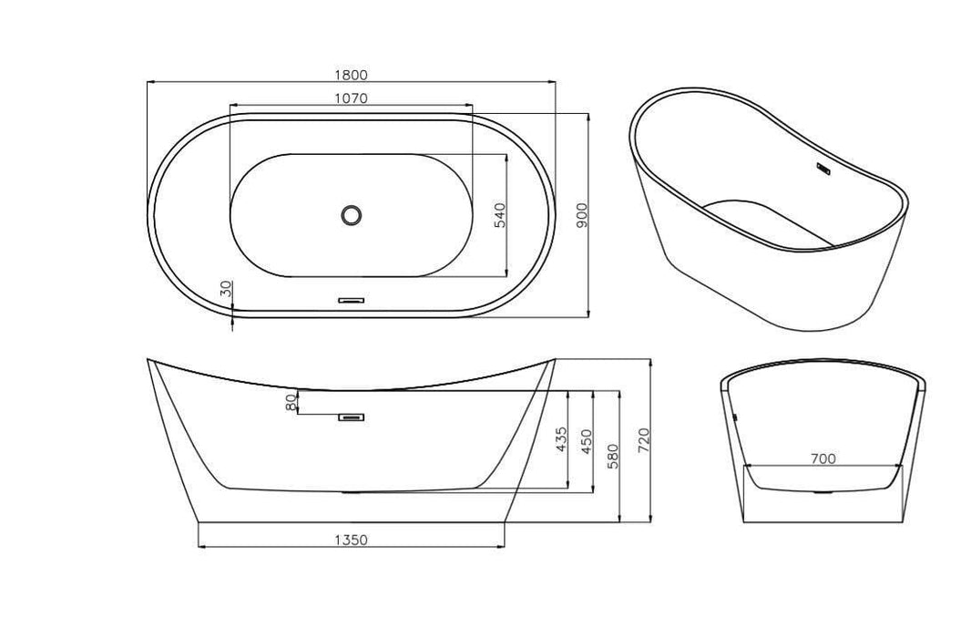 Flora Double Ended Freestanding / Whirlpool Bath - 1800mm x 900mm With 12 Spa Jets