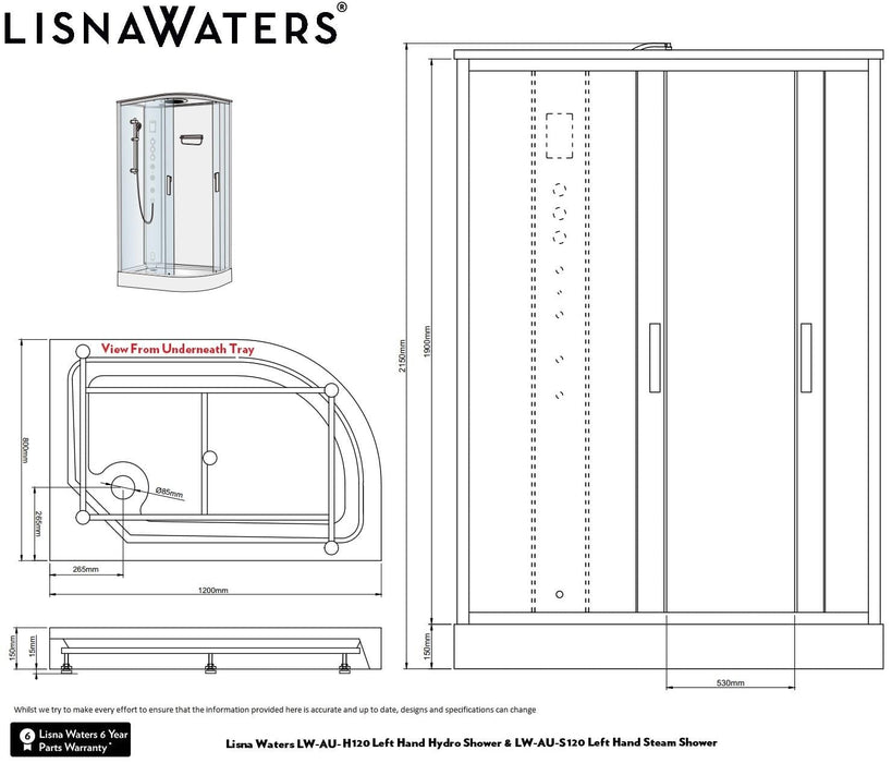 TMV2 Lisna Waters Mayfair-AU Left Offset Quadrant Steam Shower Cabin (1200 x 800mm)