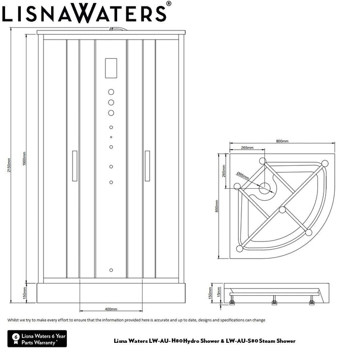 Lisna Waters Mayfair-AU Quadrant Hydro Shower Cabin TMV2 (800 x 800mm)