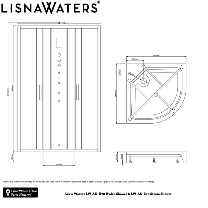 Lisna Waters Mayfair-AU 900 x 900mm Quadrant Hydro Shower Cabin TMV2