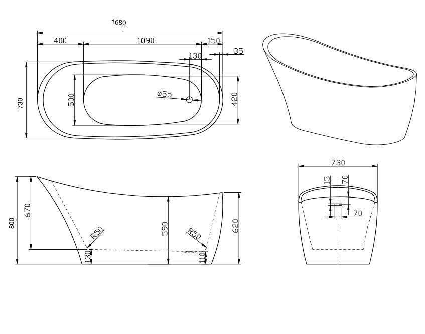 Lisna Waters - Andreas Black Slipper Freestanding Bath (1680mm x 730mm)