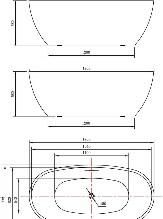 Lincoln Black 1700mm x 840mm Double Ended Freestanding Bath - 2 Person Width